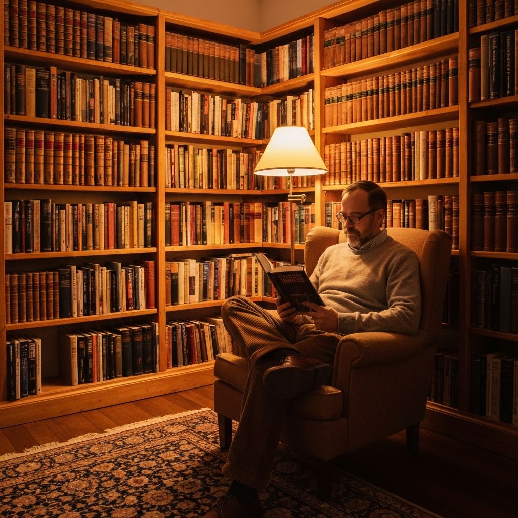 Person reading in a comfortable home library setting