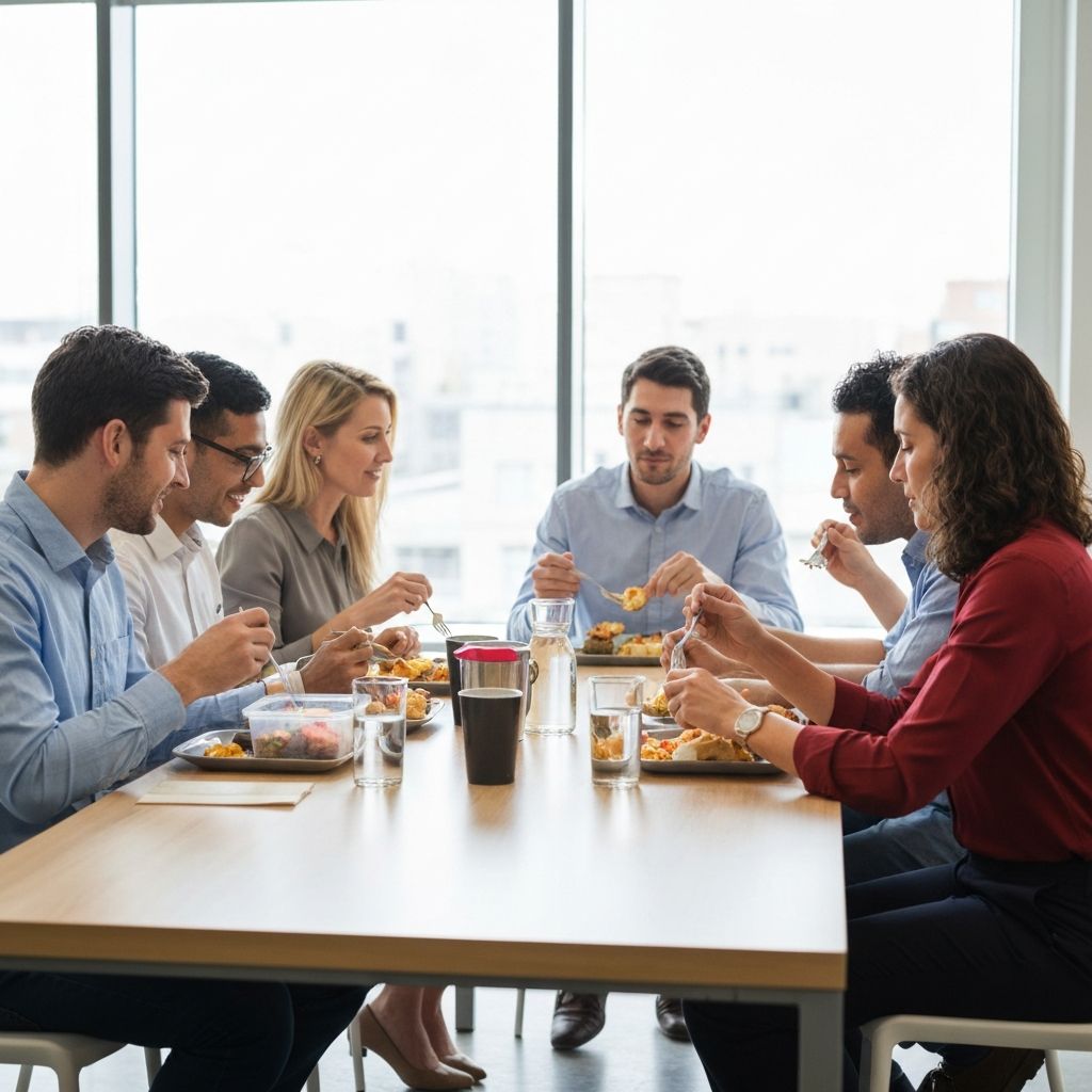 Office workers having lunch in a break room setting